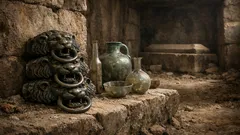 Descubren 4 asas de bronce con cabeza de león en una tumba romana de casi 2 mil años