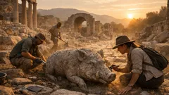 Hallan en Gortina una extraña estatua de cerdo que reabre preguntas sobre la ciudad antigua